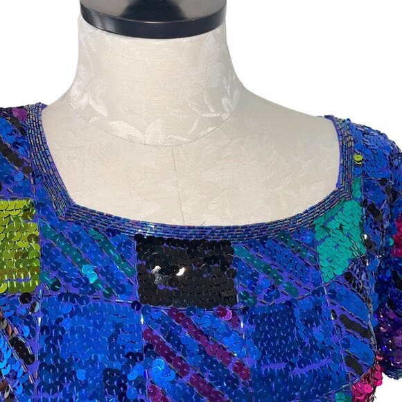 A J Bari Vintage Womens Dress Size 10 Blue Mini Sequin Beaded Checked Pure Silk - Picture 8 of 9